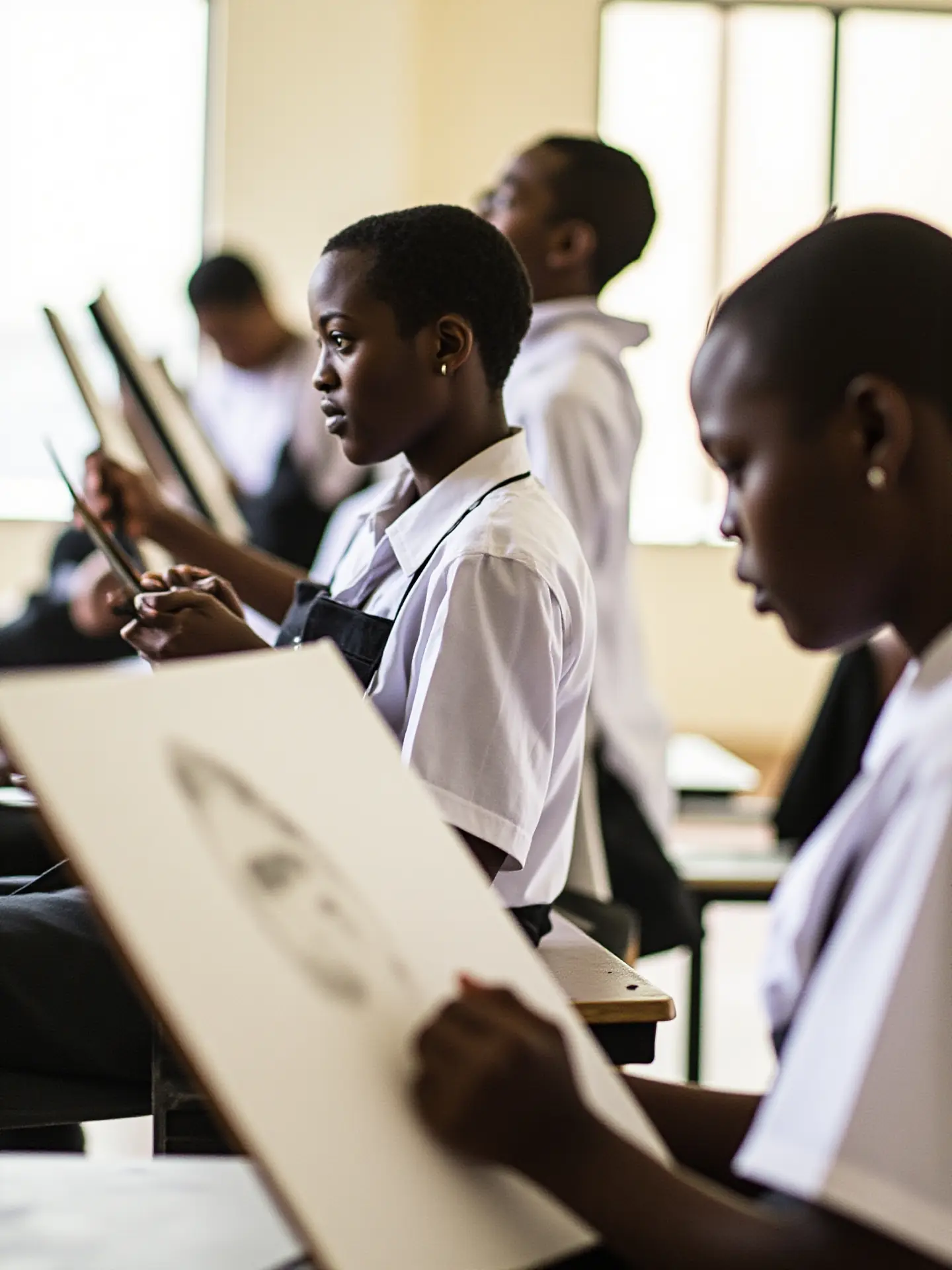 Élèves en cours de croquis au fusain